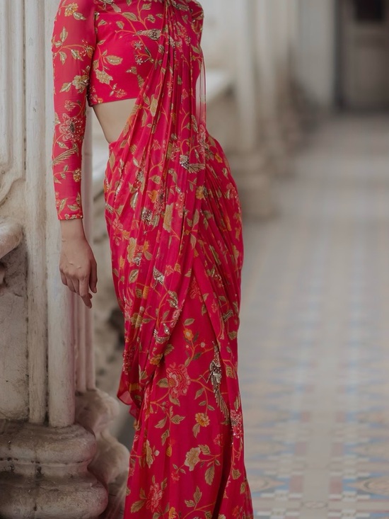 Paulmi & Harsh Other - Women's Pink Floral Saree with Gold Accents Medium Size